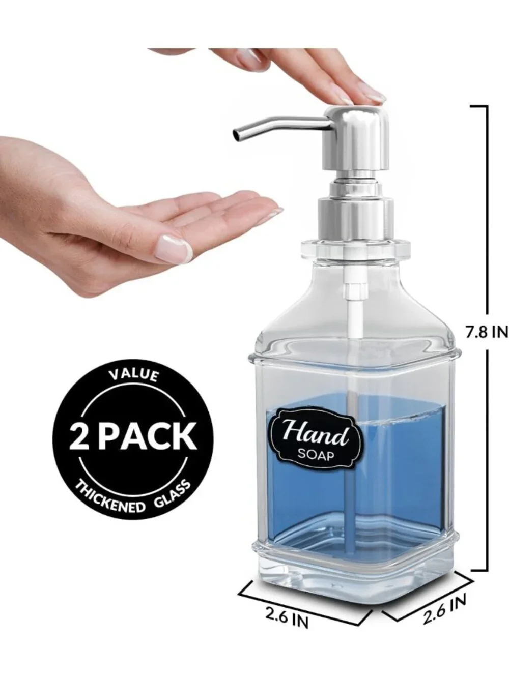 Antique Glass Soap Dispenser Set - 2 Pack with Tray, Rust-Proof Pump & Stickers